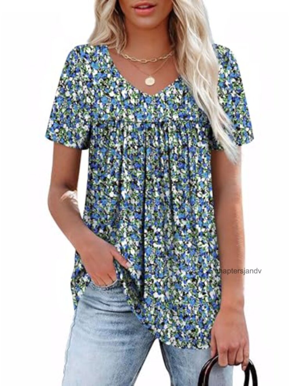 Women's V Neck Pleated Short Sleeve T-Shirt Casual Blouse Summer Top